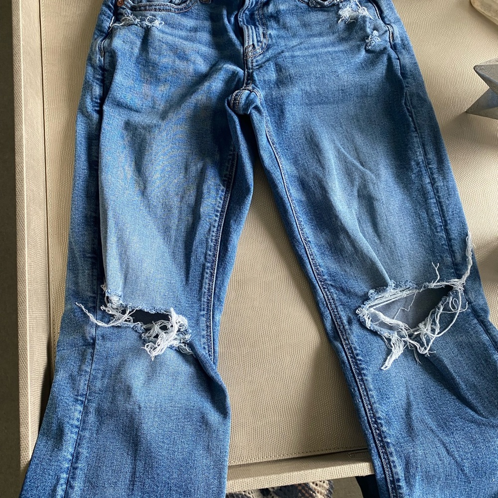 American Eagle Blue Straight Leg Jeans with Distressed Knees